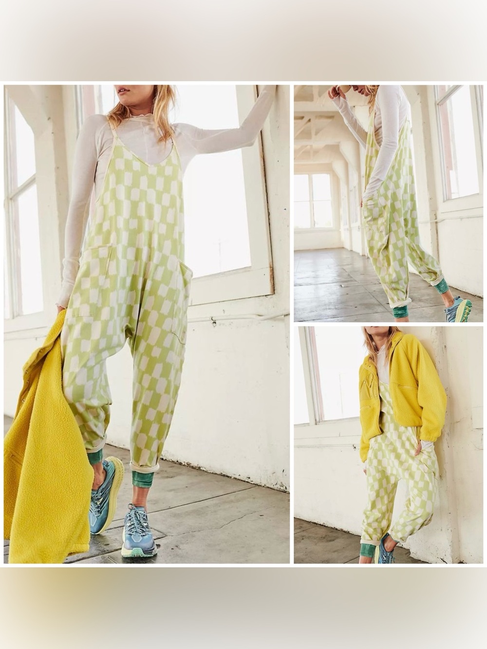 NWOT Free People FP Movement Hot Shot Printed Onesie green checkered - Small *IR